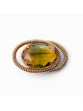 Vintage Citrine Glass Brooch Oval, Czech Cairngorm Style Pin, Gold Tone Rope